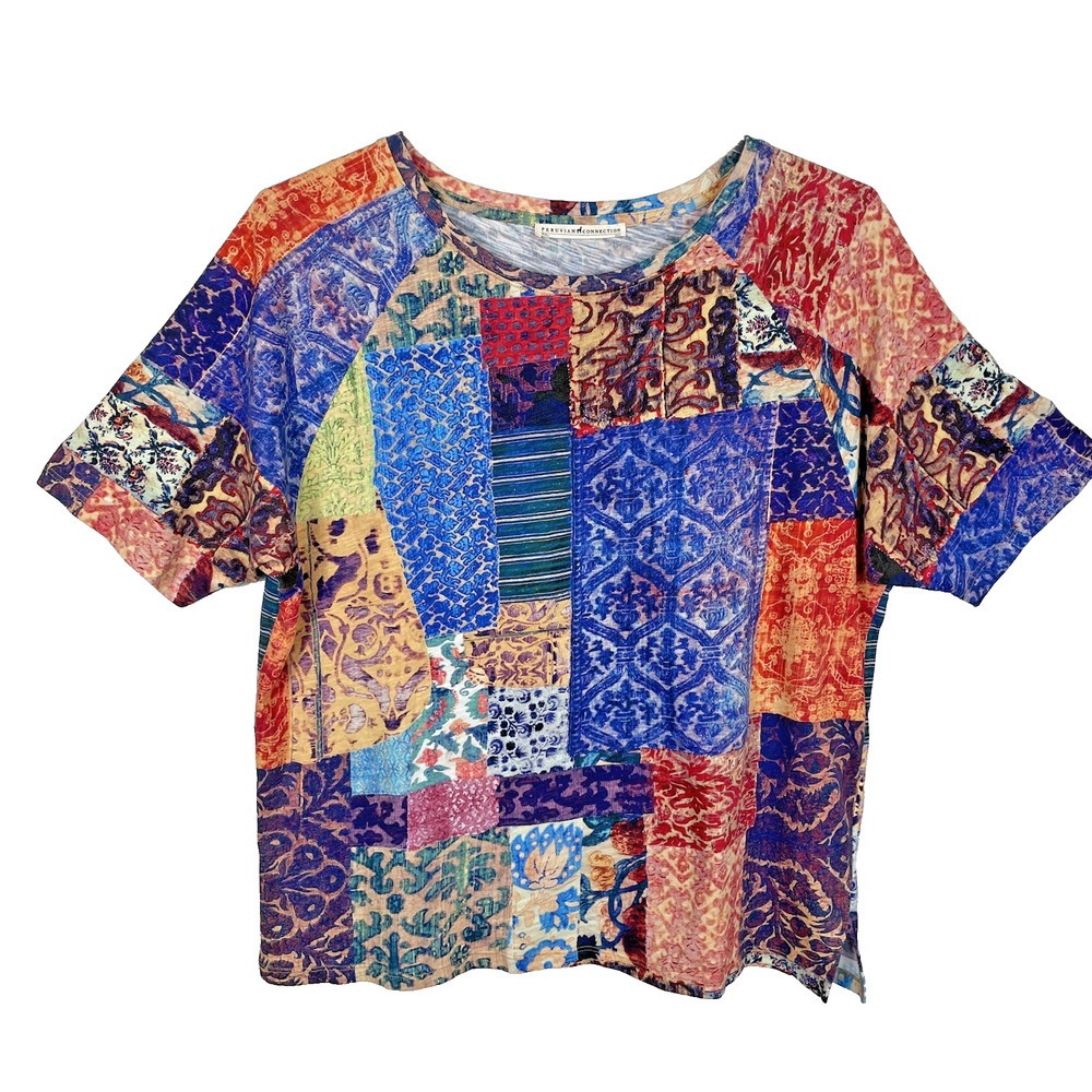 Peruvian Connection T Shirt Top Size M/L Colorful Patchwork Print Boho Peru